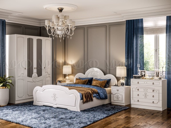 Спальный Гарнитур Королева Белая МДФ (Шкаф+Кровать+Прикроватные Тумбы+Комод)