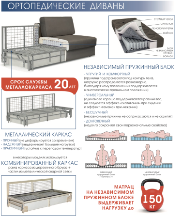 Ортопедический Диван Феникс/Разные Цвета Ш-2250 х Г-900 х В-910 мм